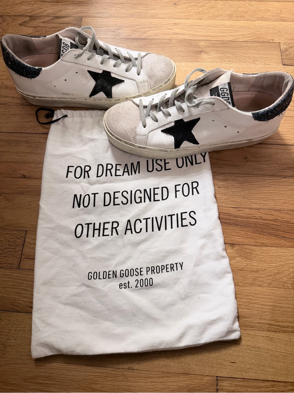 Golden Goose White Leather Sneakers with Black Star and Glitter Heel